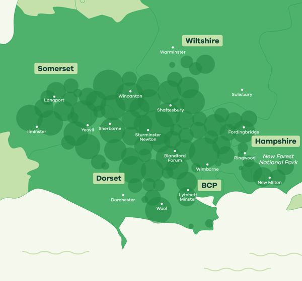 Map of the Wessex Internet coverage area.