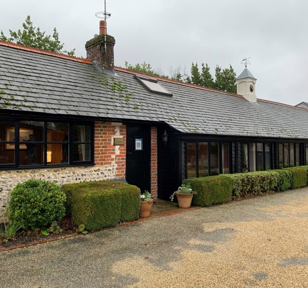 Office building with black window frames and doors