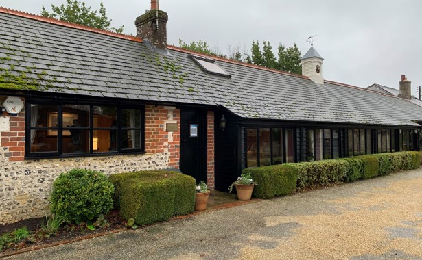 Office building with black window frames and doors